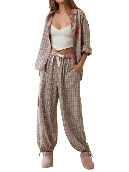 Women Pajama Set, Plaid Long Sleeve Button Closure Shirt with Pants