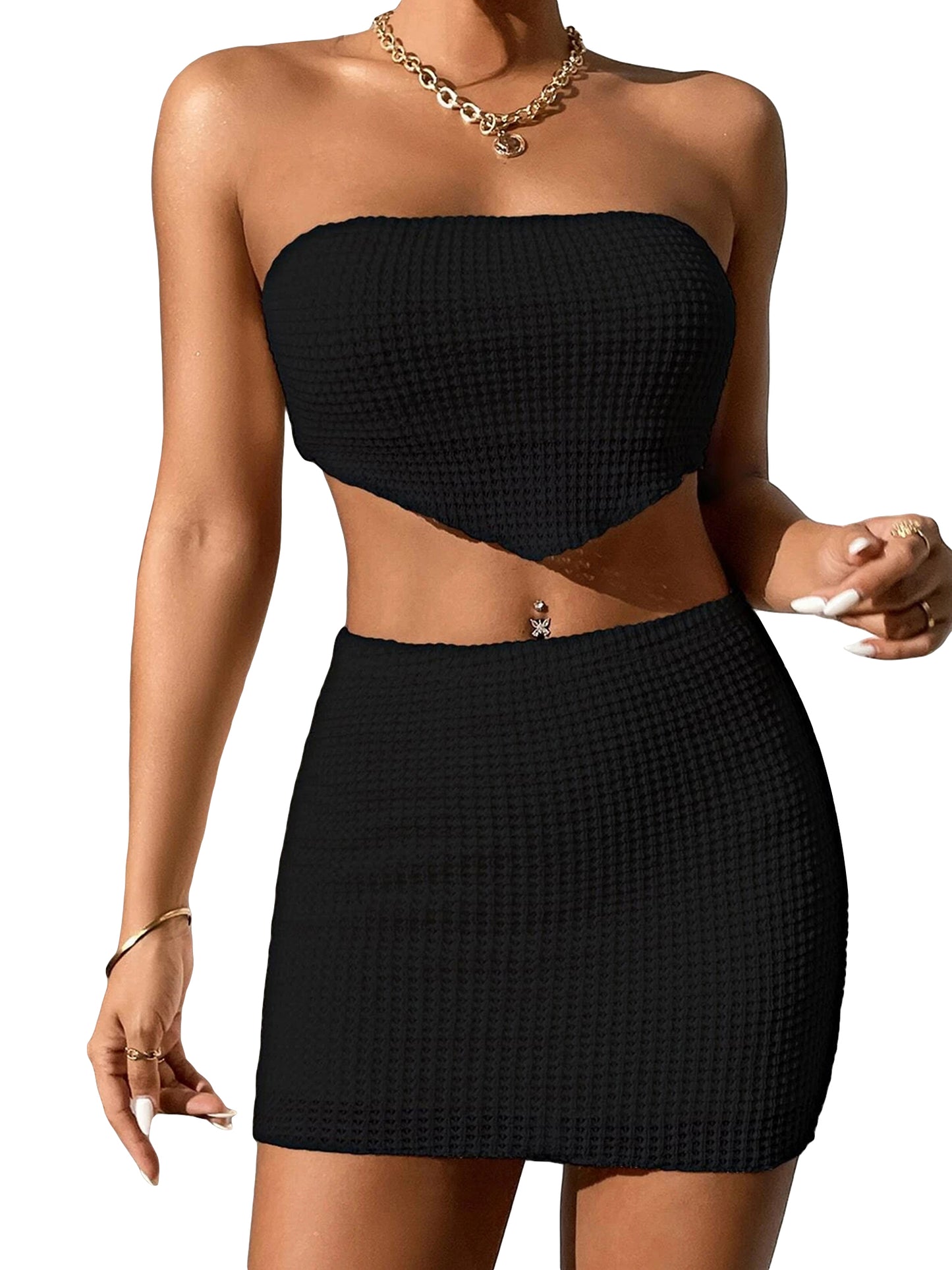 Women's Strapless Tube Tops + High Waist Fitting Skirt 2 Piece Set