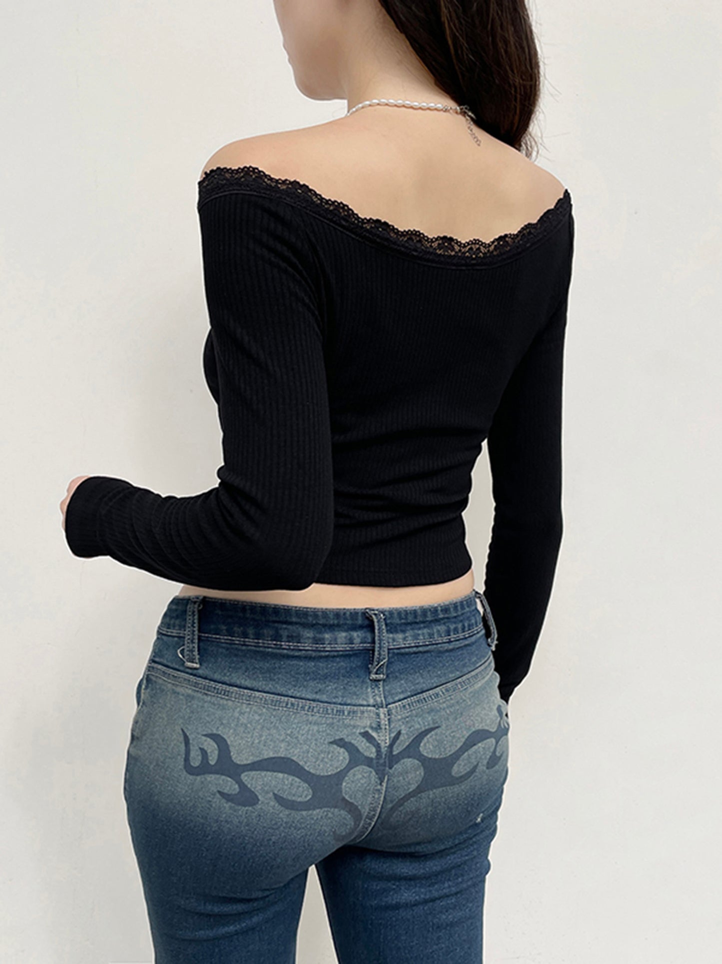 Women's Off-Shoulder Lace Patchwork Long Sleeve Shirt Pullover