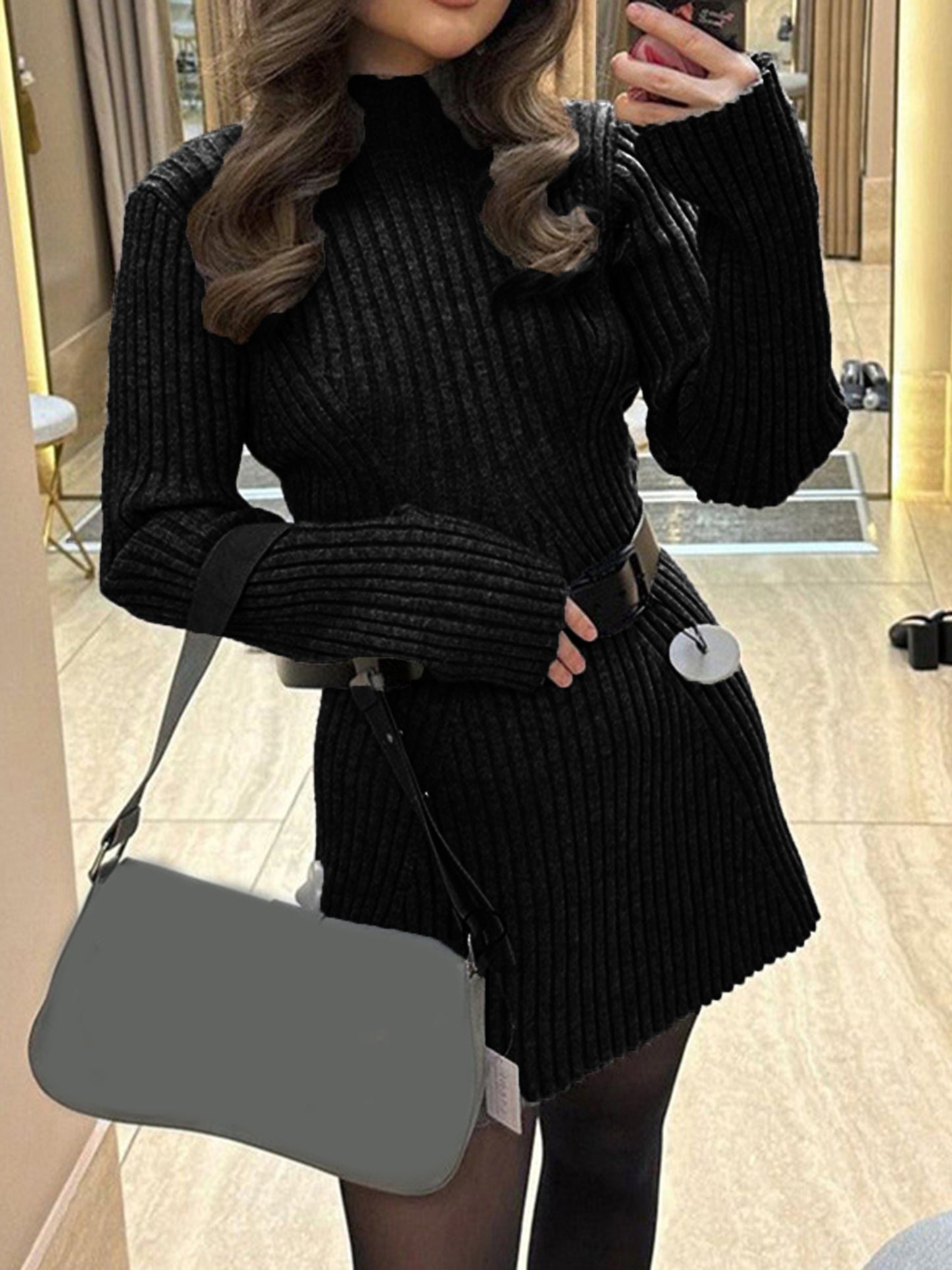 Half Turtleneck Solid Color Sweater Dress for Autumn and Winter