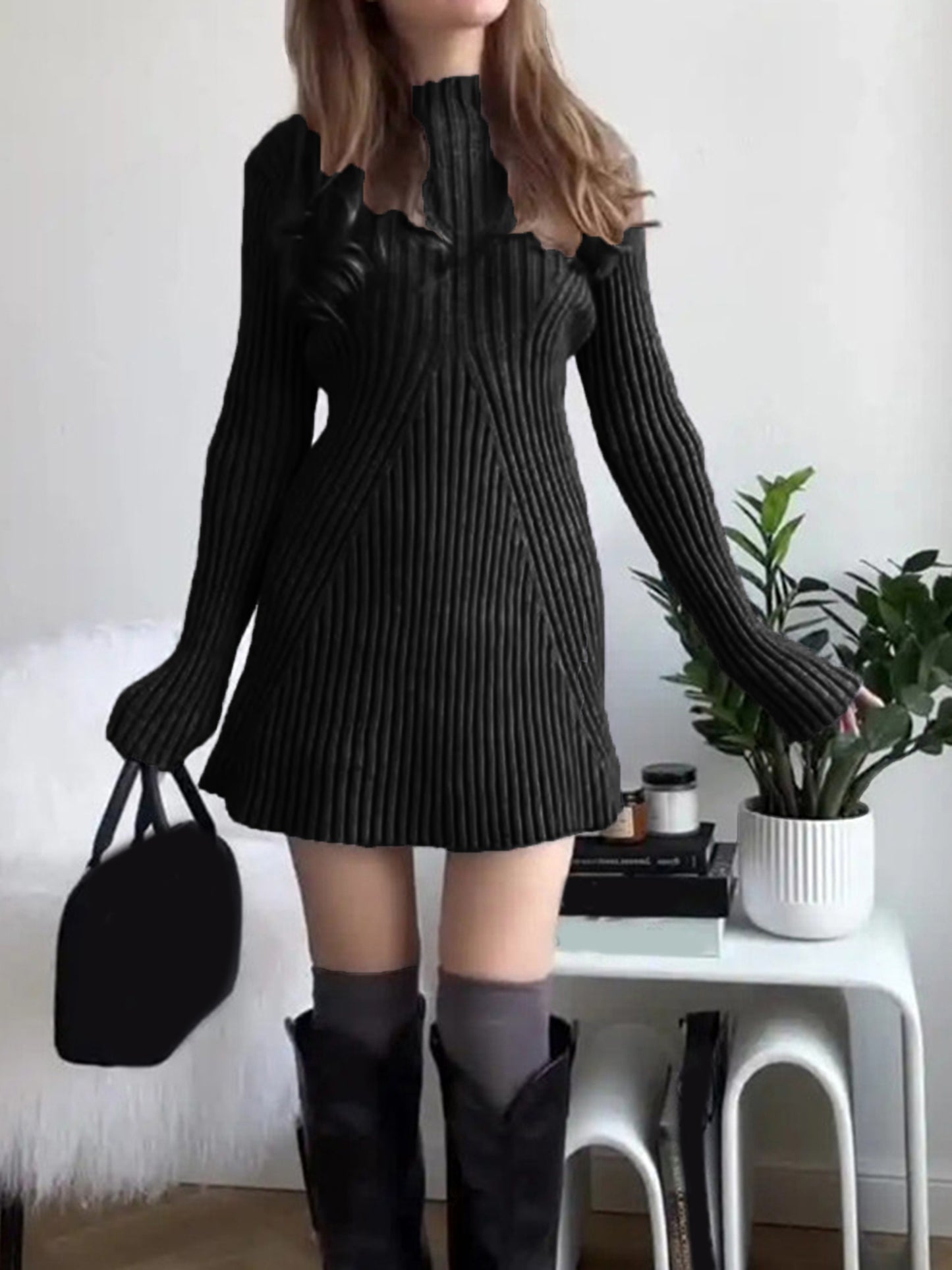 Half Turtleneck Solid Color Sweater Dress for Autumn and Winter