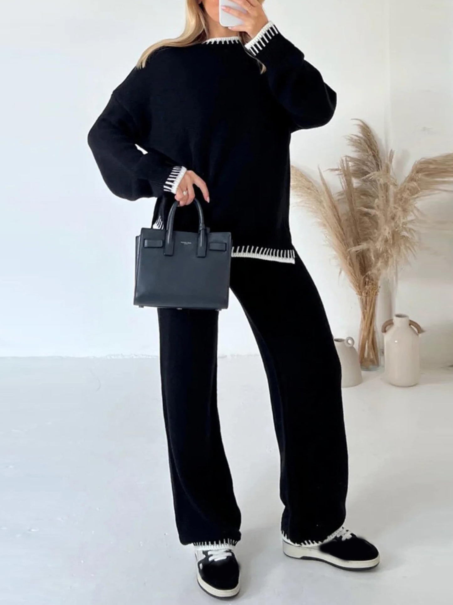 Women Pants Suit, Contrast Color Long Sleeve Sweater with Knit Pants