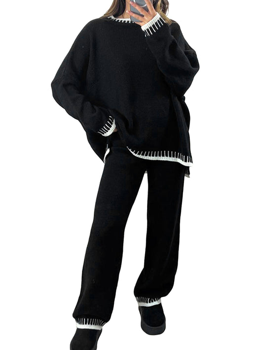 Women Pants Suit, Contrast Color Long Sleeve Sweater with Knit Pants