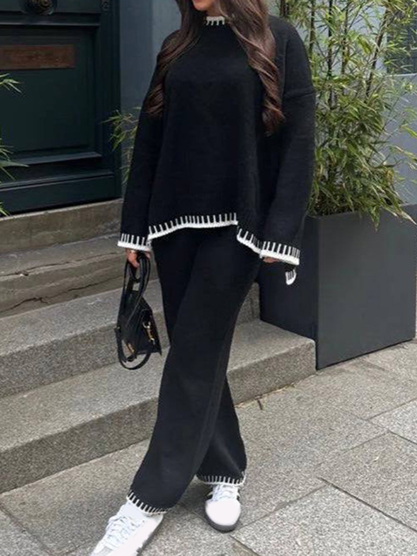 Women Pants Suit, Contrast Color Long Sleeve Sweater with Knit Pants