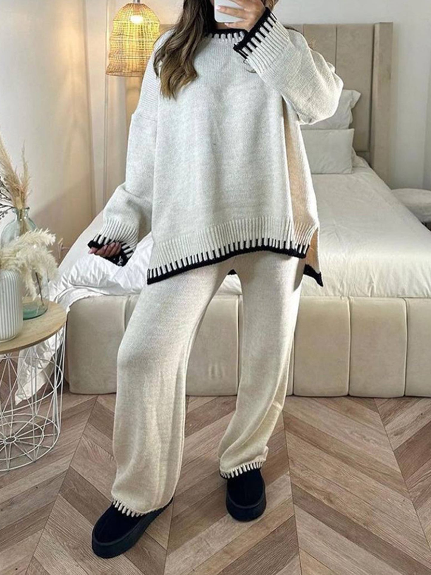 Women Pants Suit, Contrast Color Long Sleeve Sweater with Knit Pants