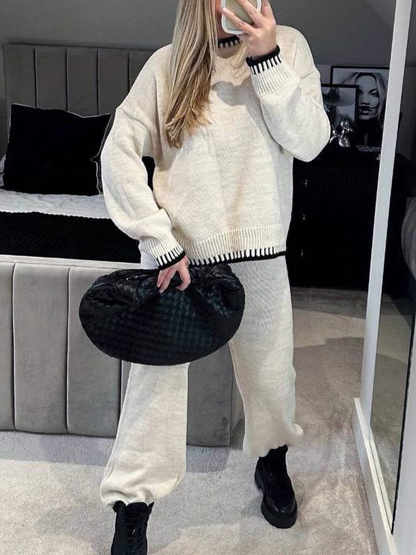 Women Pants Suit, Contrast Color Long Sleeve Sweater with Knit Pants