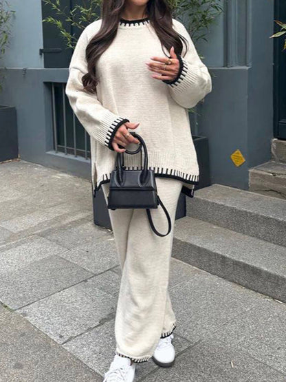 Women Pants Suit, Contrast Color Long Sleeve Sweater with Knit Pants