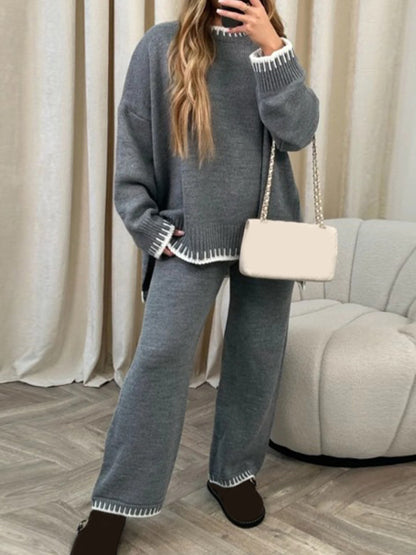 Women Pants Suit, Contrast Color Long Sleeve Sweater with Knit Pants