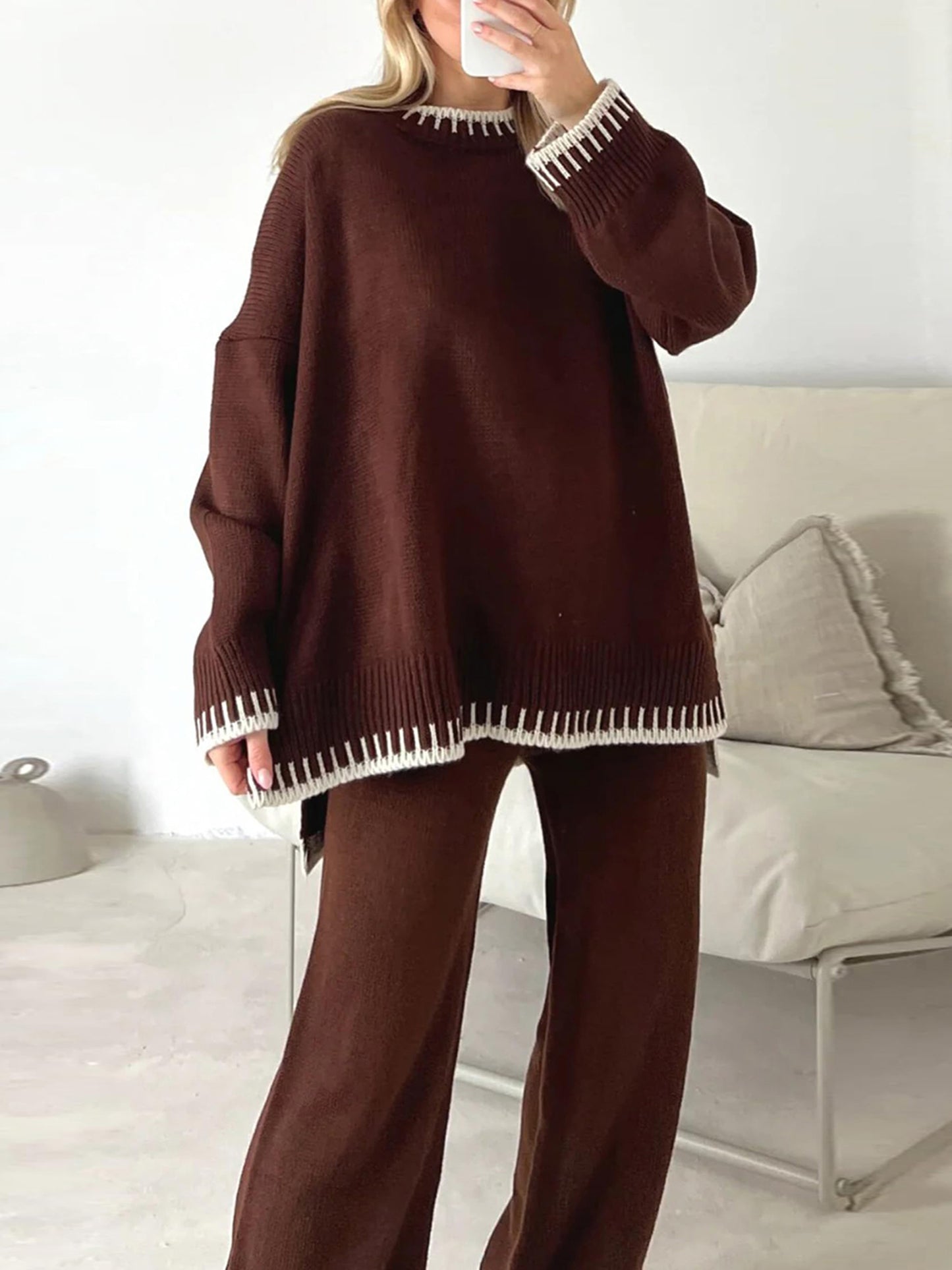 Women Pants Suit, Contrast Color Long Sleeve Sweater with Knit Pants