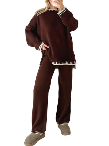 Women Pants Suit, Contrast Color Long Sleeve Sweater with Knit Pants