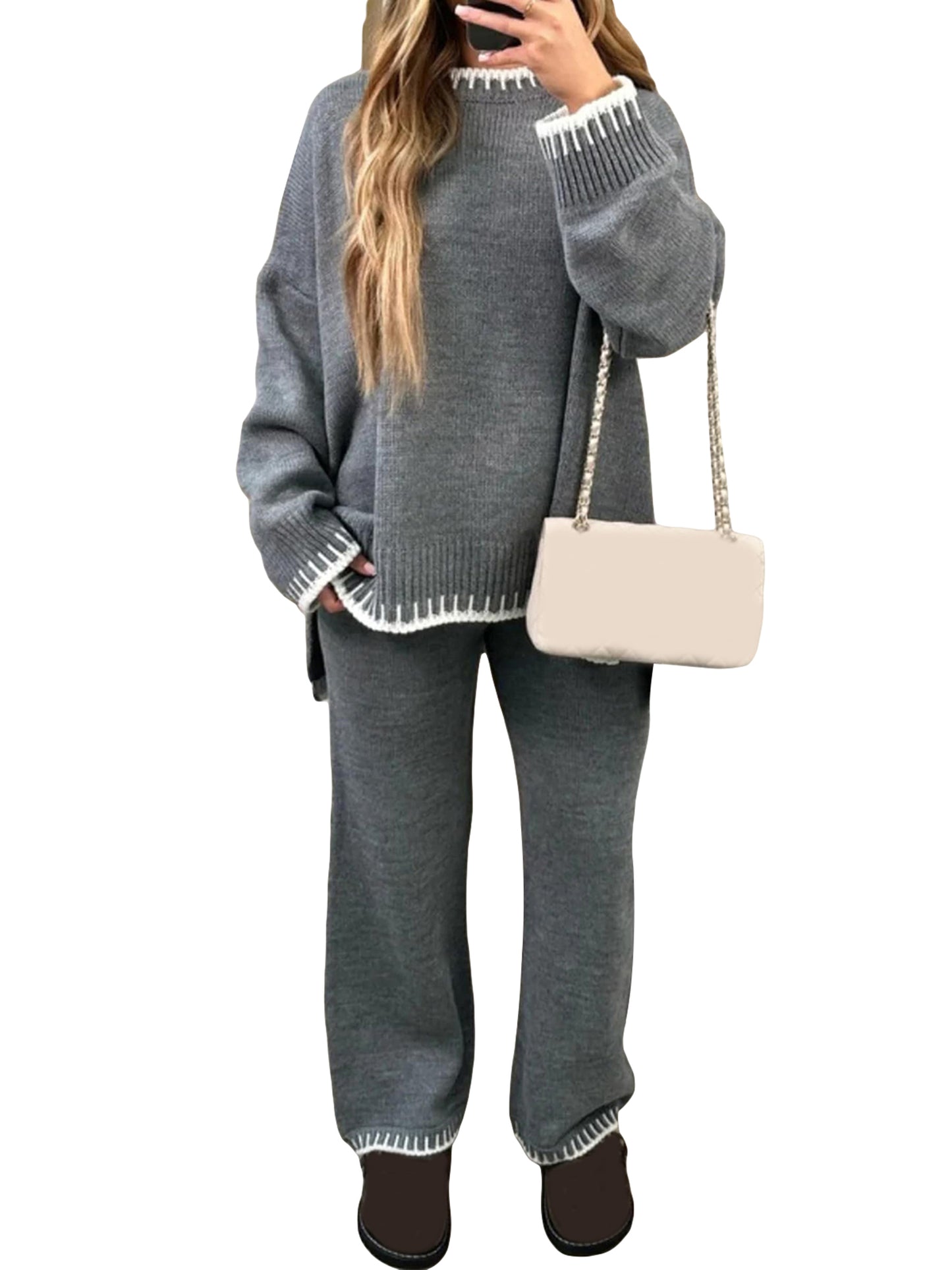 Women Pants Suit, Contrast Color Long Sleeve Sweater with Knit Pants