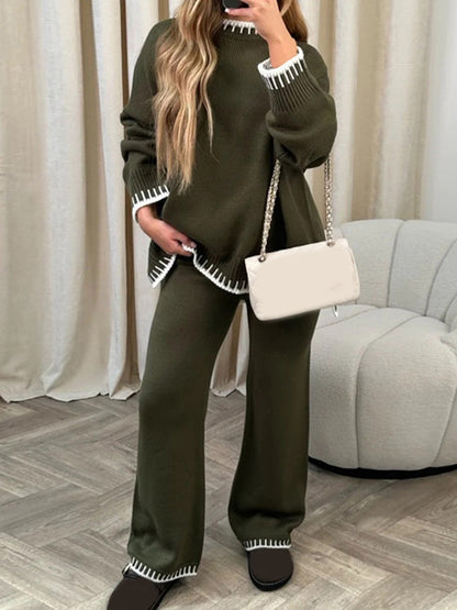 Women Pants Suit, Contrast Color Long Sleeve Sweater with Knit Pants