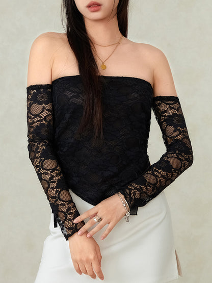 Women's Off Shoulder Lace Tops Long Sleeve Slim Fit Ruched T-Shirts