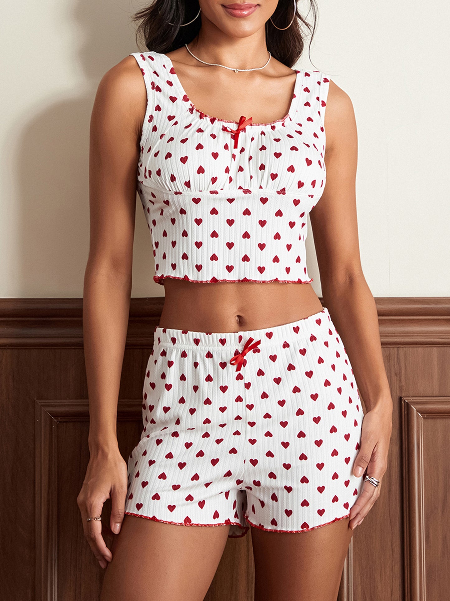 Women's Heart Print Cami Tops with Elastic Waist Shorts Loungewear Set