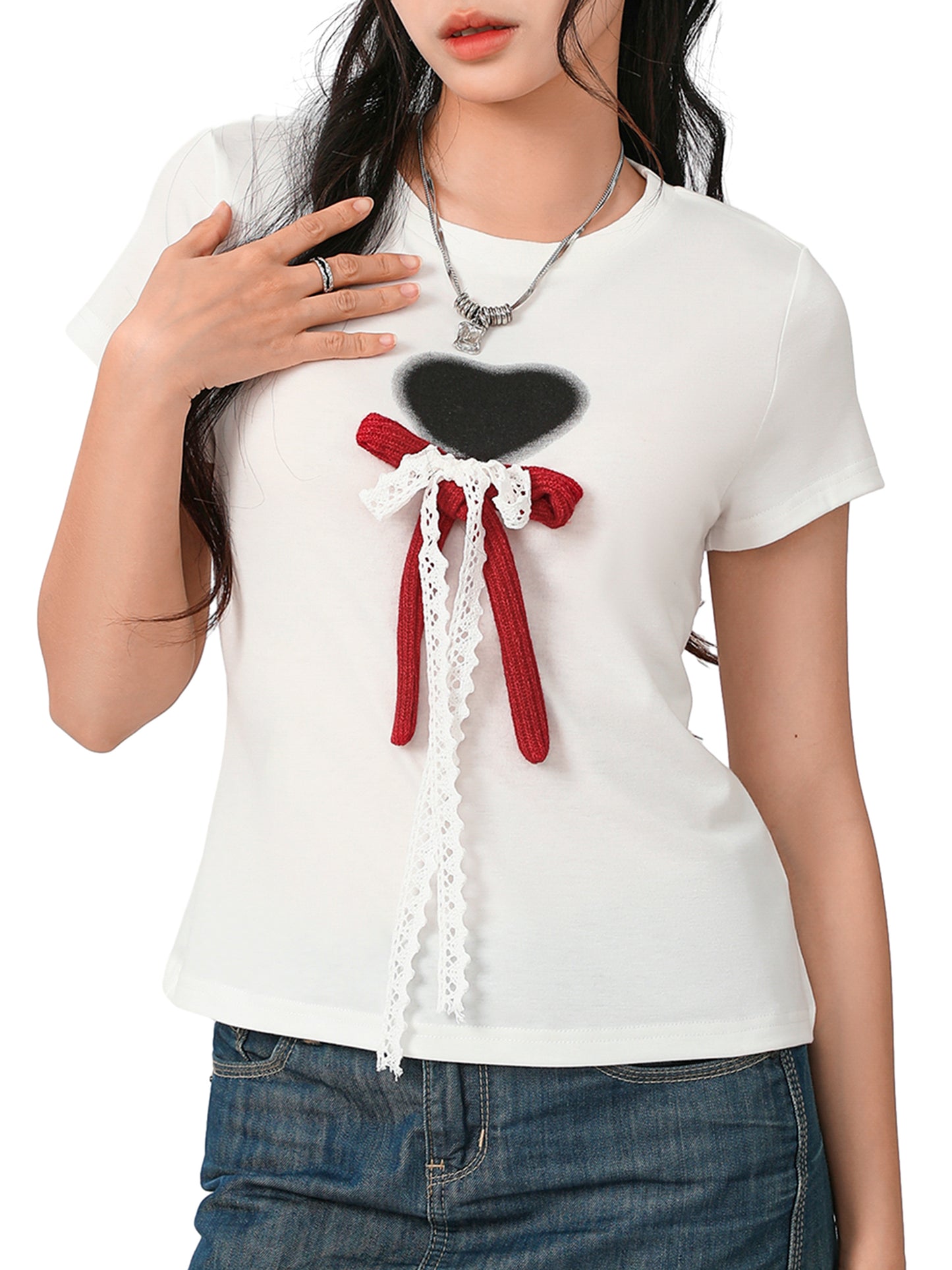 Women Heart Print T-Shirts Short Sleeve Crew Neck Lace Bow Front Tops