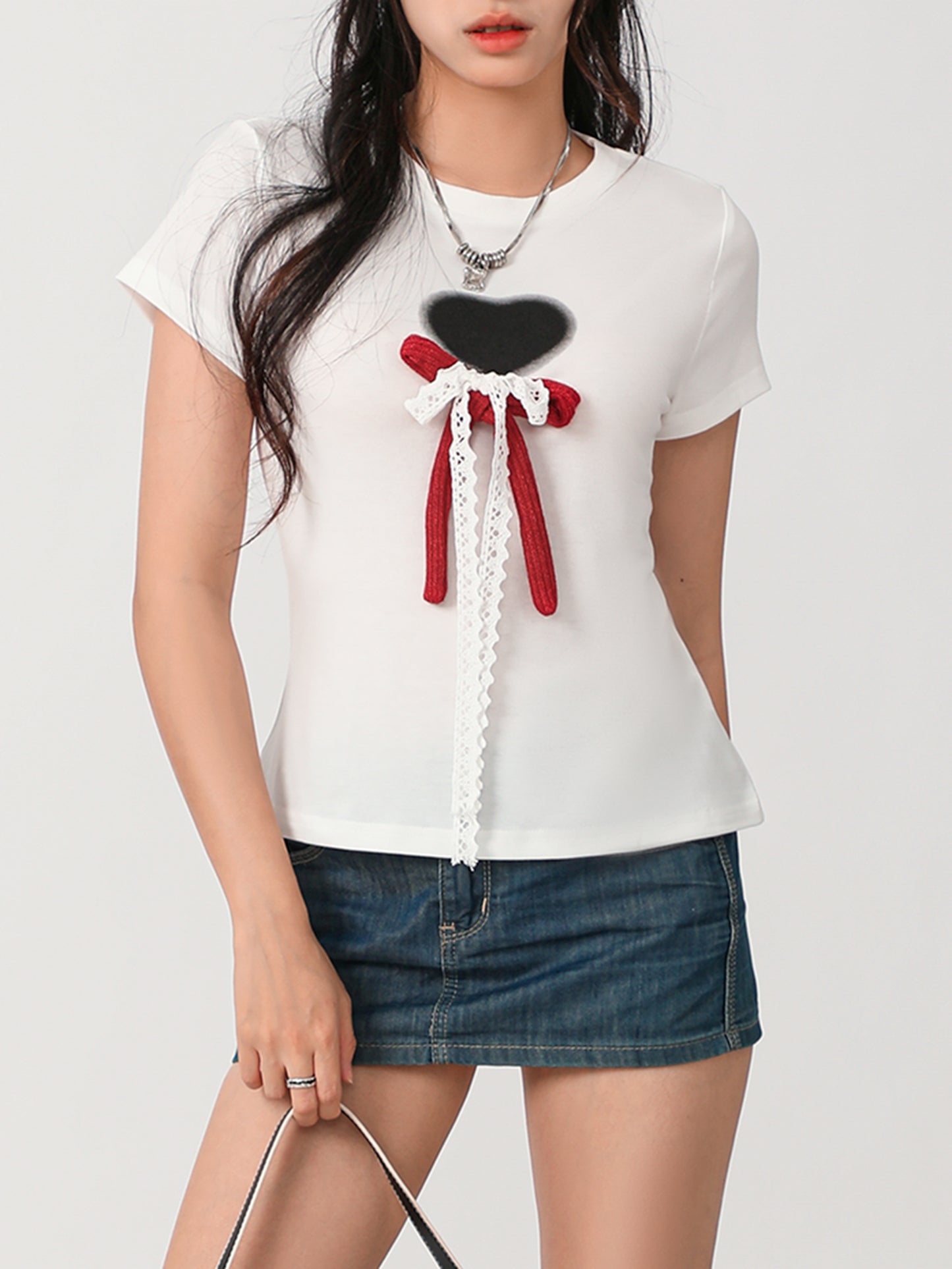 Women Heart Print T-Shirts Short Sleeve Crew Neck Lace Bow Front Tops