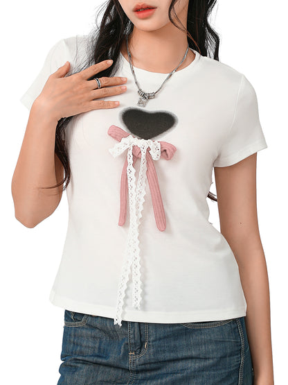 Women Heart Print T-Shirts Short Sleeve Crew Neck Lace Bow Front Tops