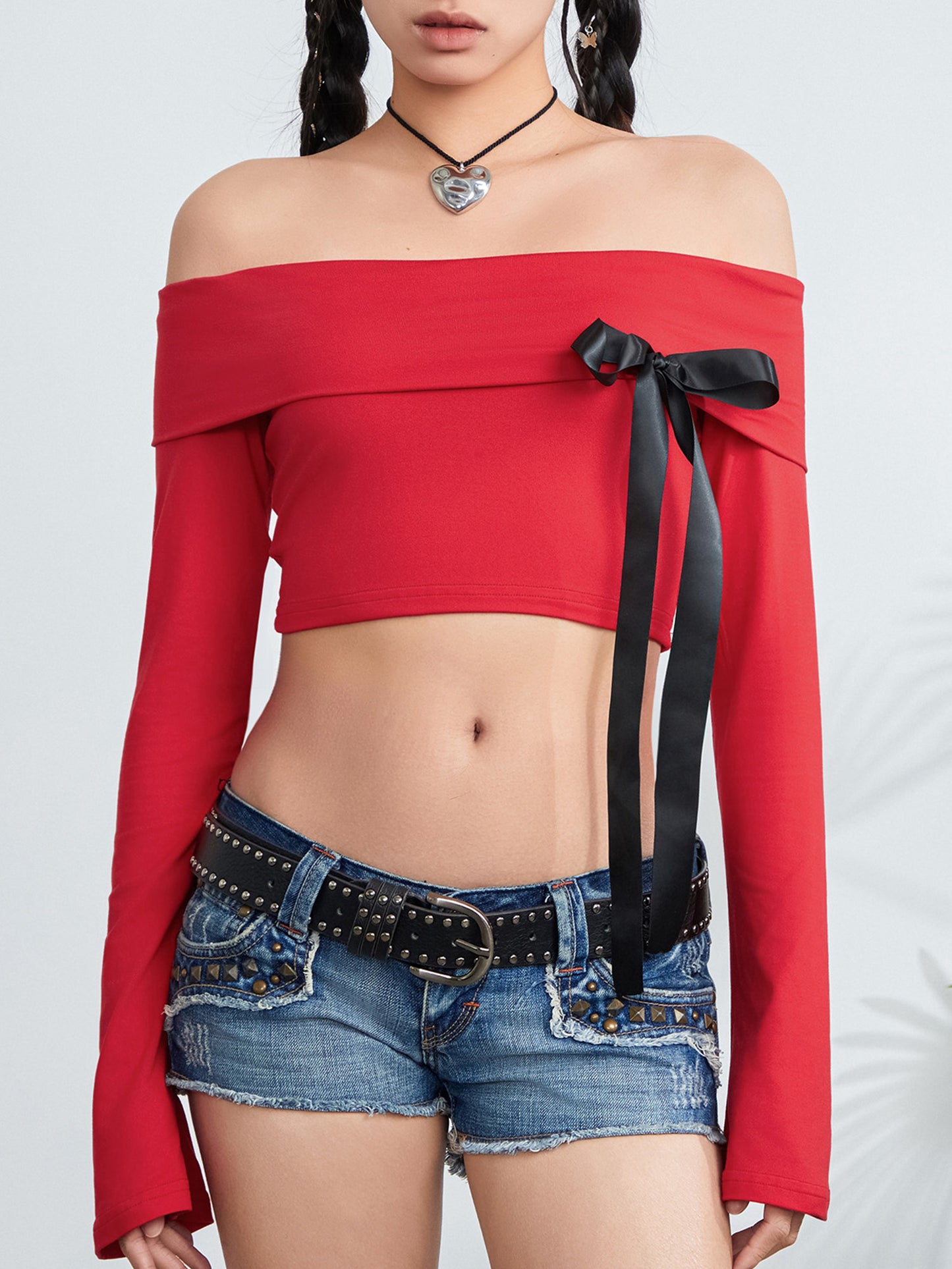 Women's Off Shoulder Cropped Tops Satin Bow Long Sleeve T-Shirts