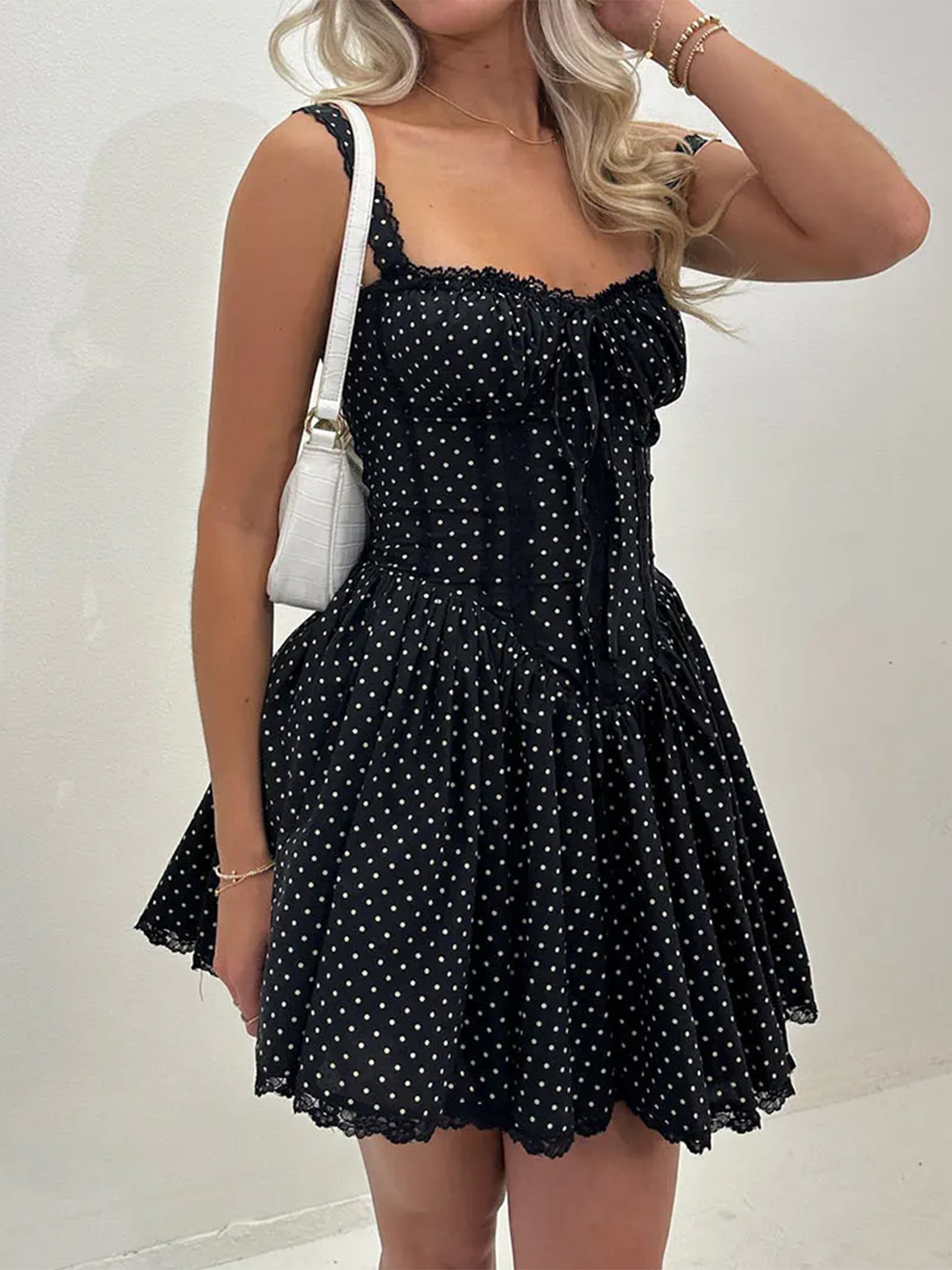 Women's Spaghetti Strap Corset Dress Dot Print A-Line Mini Party Dress