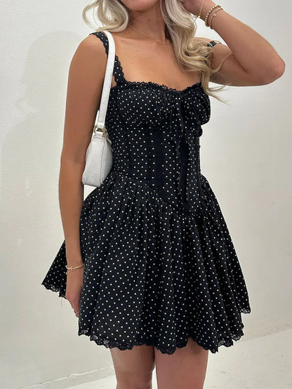 Women's Spaghetti Strap Corset Dress Dot Print A-Line Mini Party Dress