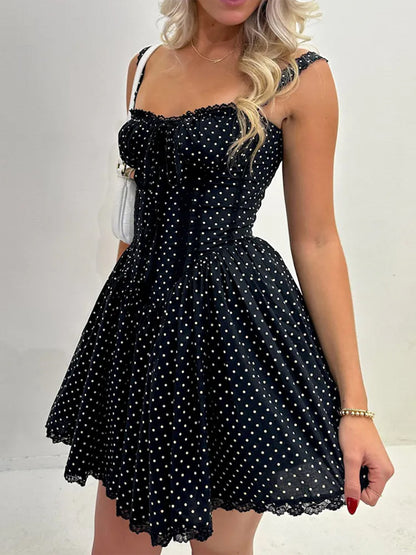 Women's Spaghetti Strap Corset Dress Dot Print A-Line Mini Party Dress