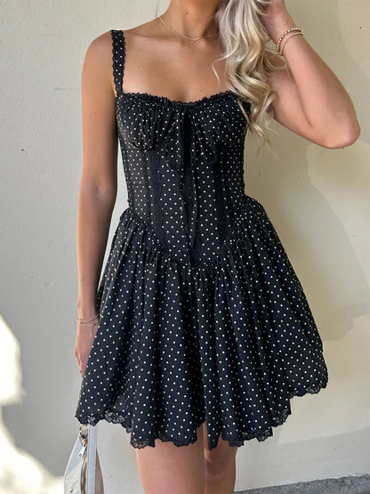 Women's Spaghetti Strap Corset Dress Dot Print A-Line Mini Party Dress