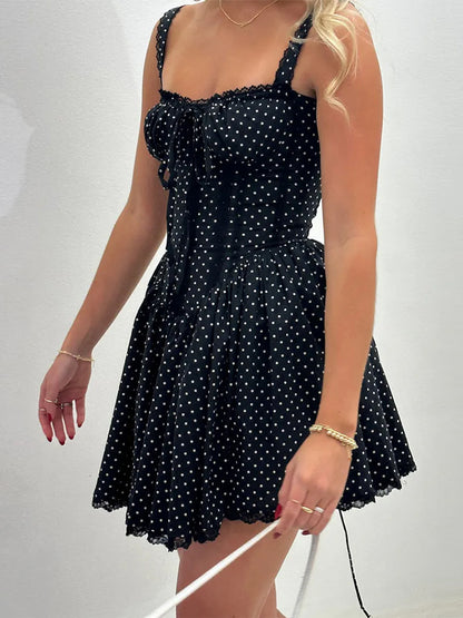 Women's Spaghetti Strap Corset Dress Dot Print A-Line Mini Party Dress