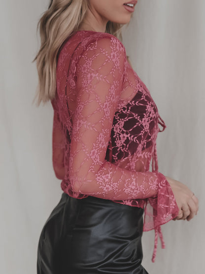 Women's Long Sleeve See Through Lace Flower Tie Up Crop Lace Cardigan