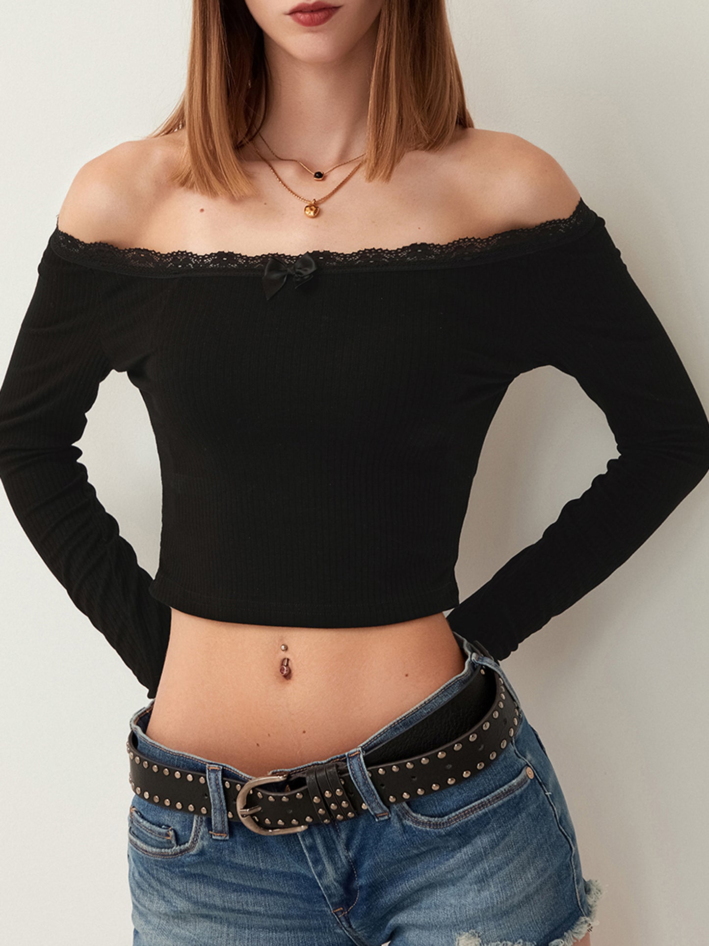 Women's Off-Shoulder Lace Patchwork Long Sleeve Shirt Pullover