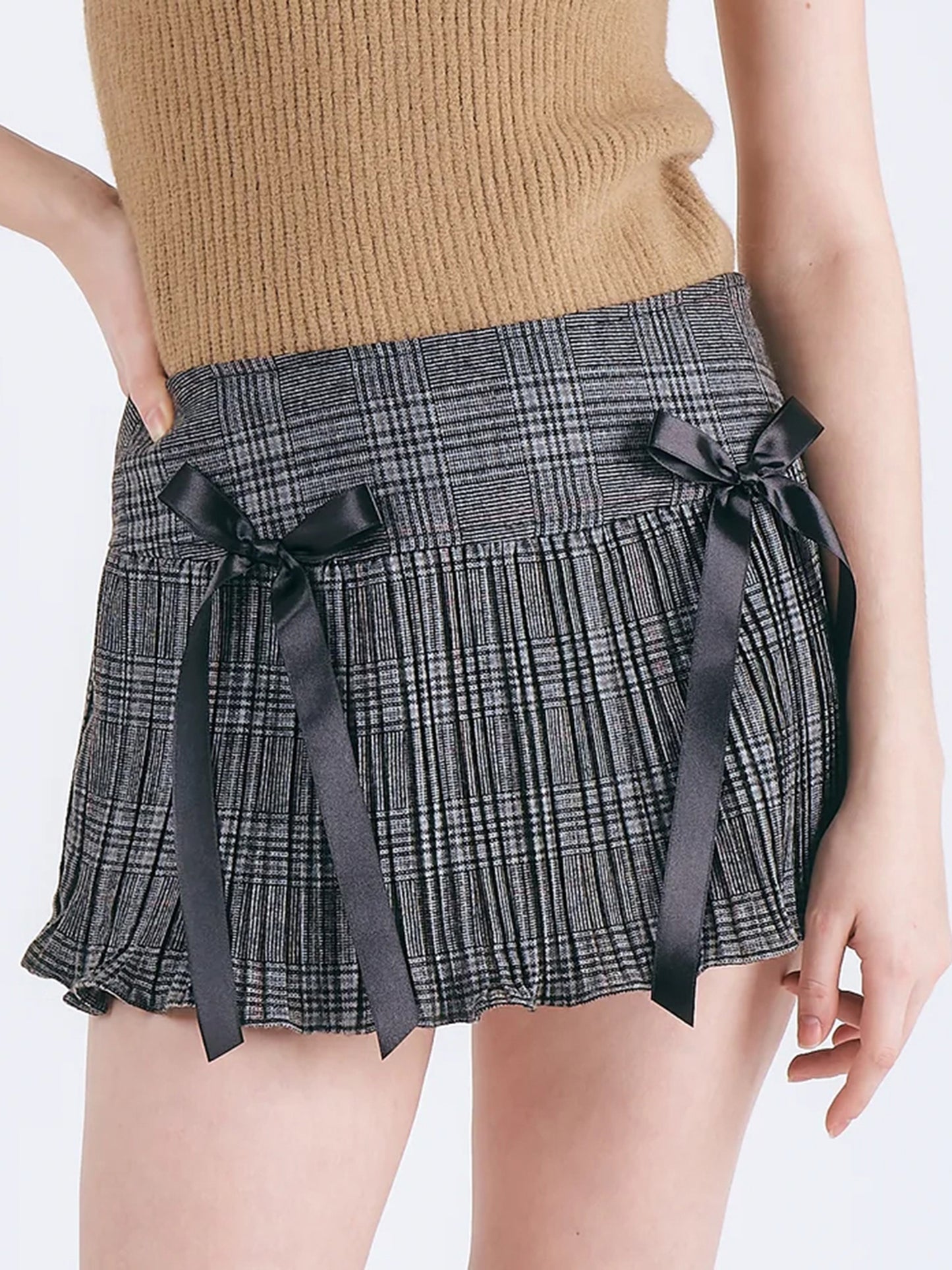 Women's Fashion Mini Skirts Plaid Double Bowknot Short Skirt