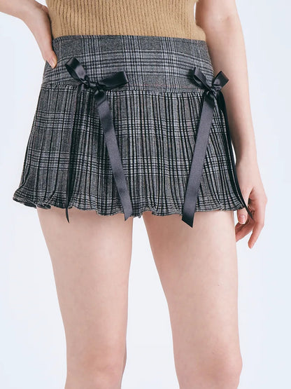 Women's Fashion Mini Skirts Plaid Double Bowknot Short Skirt