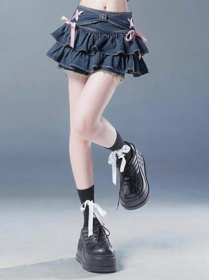 Women's Summer Cute Bow Layered Ruffled Denim Mini A-Line Skirt