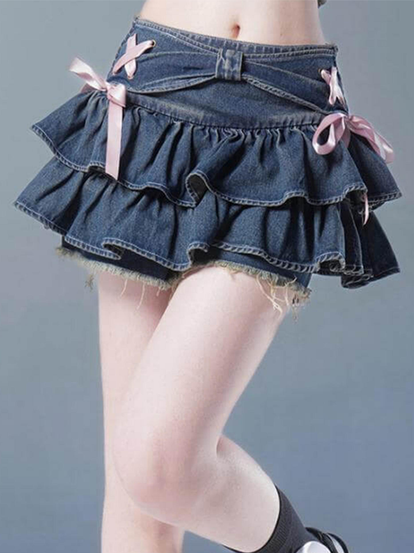 Women's Summer Cute Bow Layered Ruffled Denim Mini A-Line Skirt