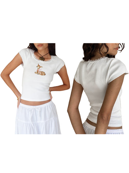 Women Crop Tops White Cap Sleeve Goose/Rabbit/Deer Print T-shirt