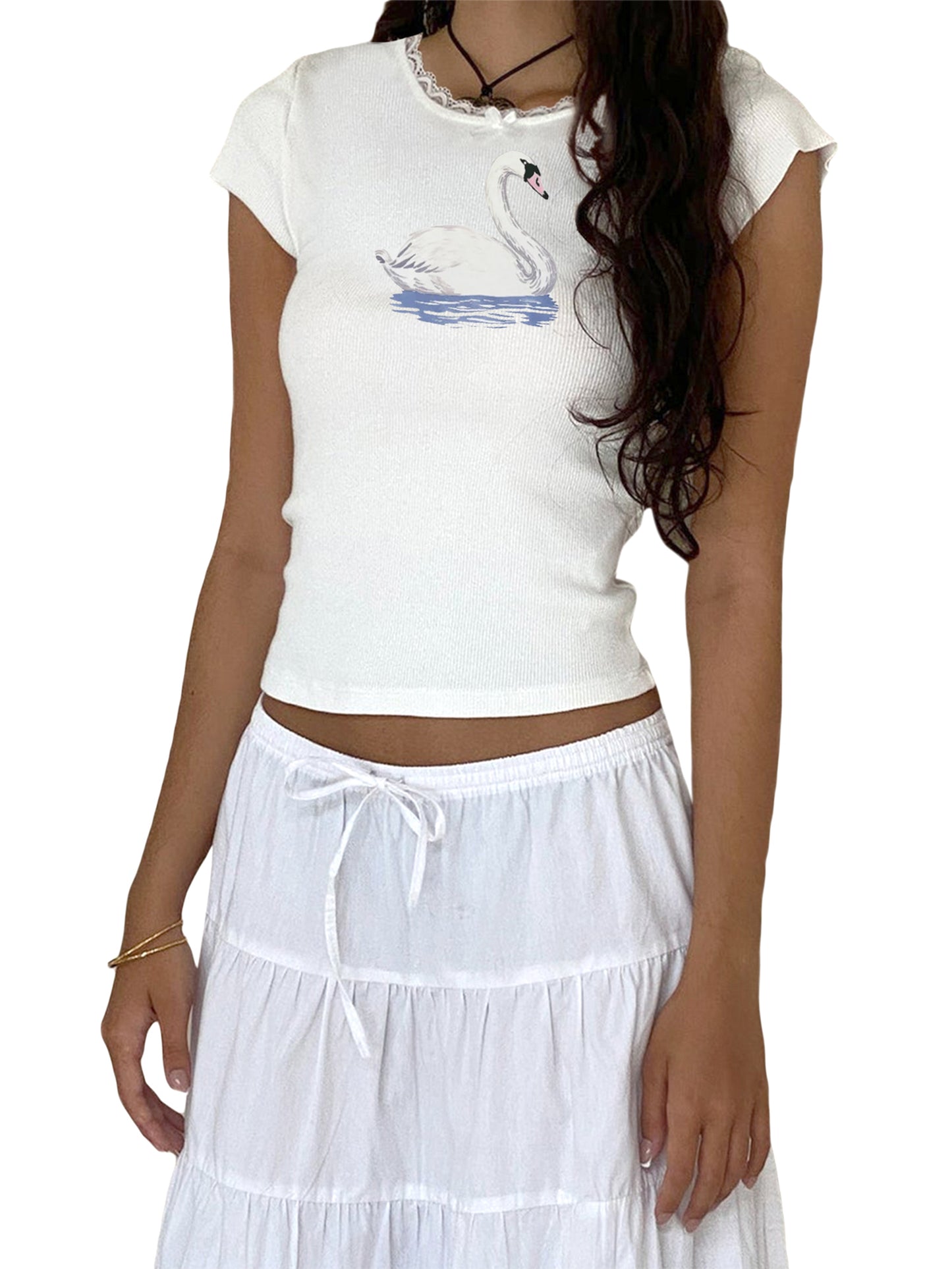 Women Crop Tops White Cap Sleeve Goose/Rabbit/Deer Print T-shirt