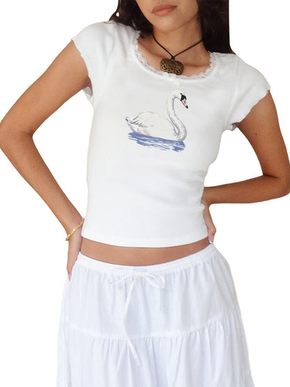 Women Crop Tops White Cap Sleeve Goose/Rabbit/Deer Print T-shirt