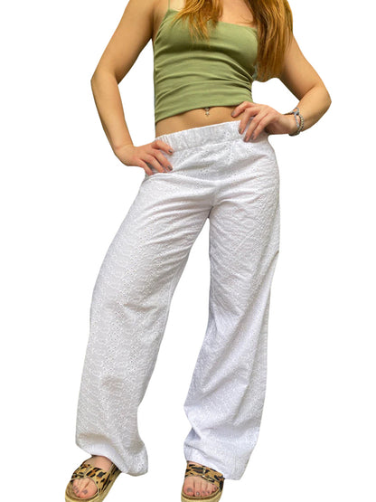 Women Casual Pants, Elastic Waist Hollowed Flower Loose Trousers