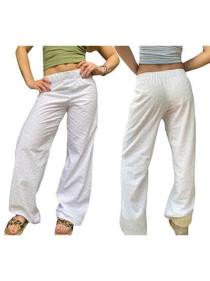 Women Casual Pants, Elastic Waist Hollowed Flower Loose Trousers