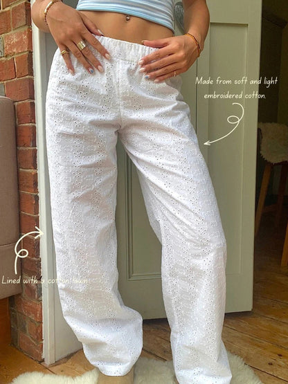 Women Casual Pants, Elastic Waist Hollowed Flower Loose Trousers