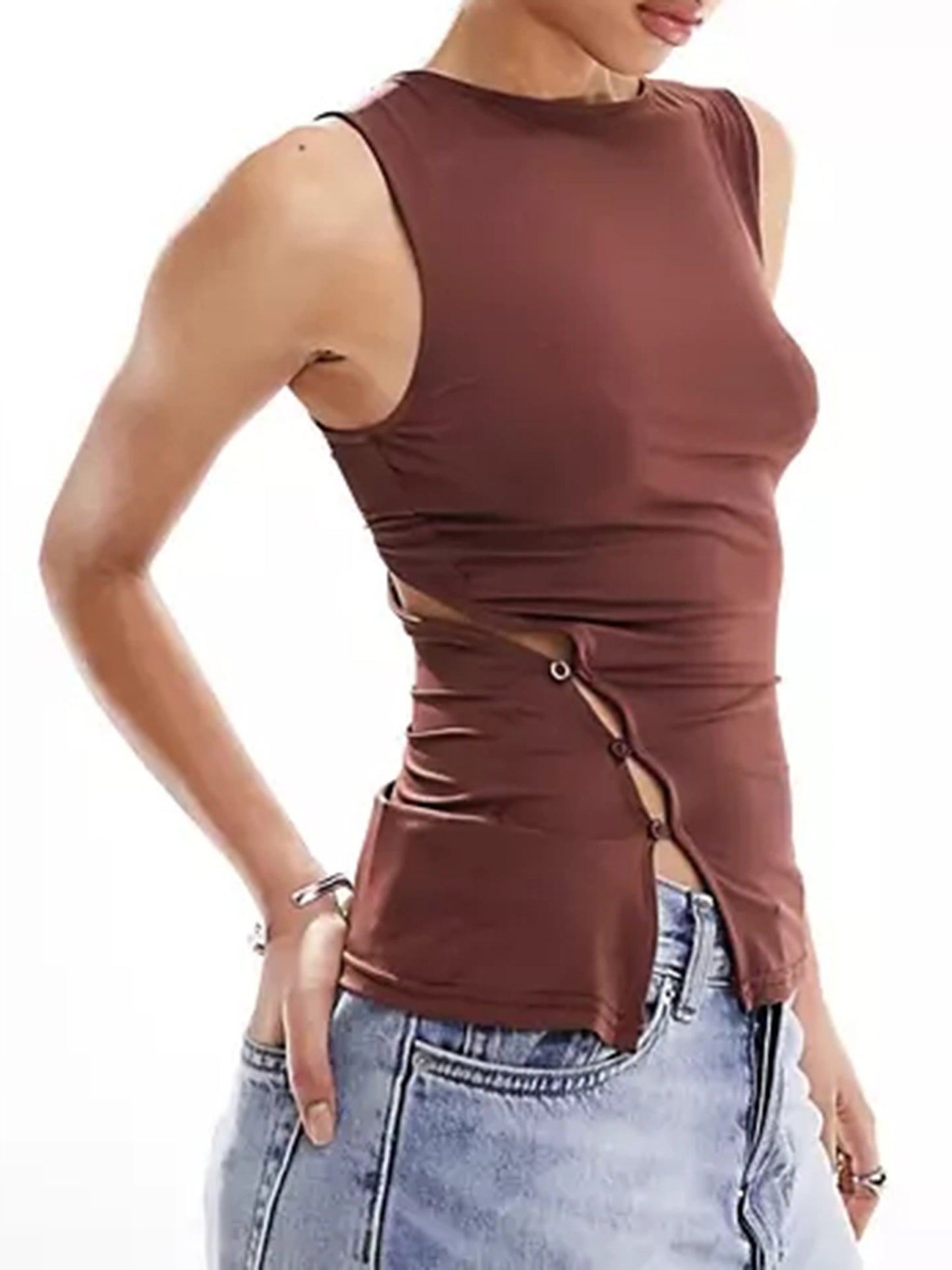 Women's Solid Color Sleeveless Irregular Button Up Tank Top