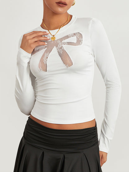 Women's Long Sleeve Bow See-through Slim Fit Ladies Fall Top