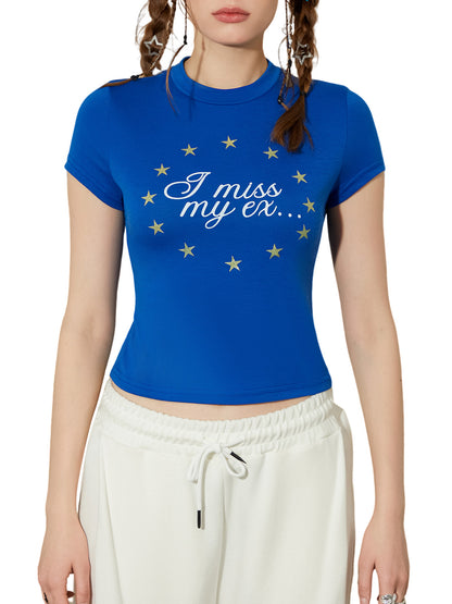 Women's Stars Letter Print Round Neck Shirts Top