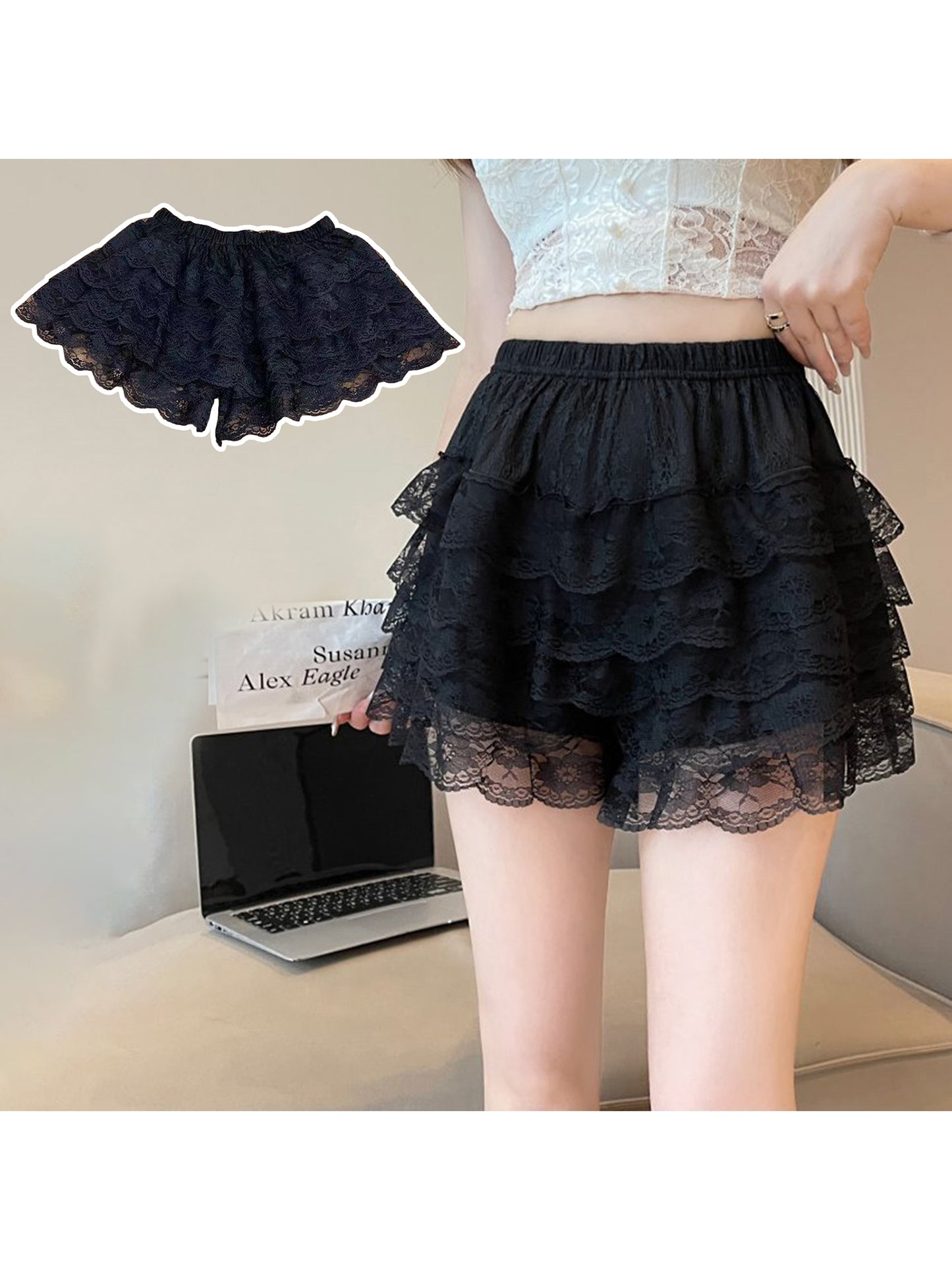 Women's Layered Ruffle Shorts Casual Elastic Waist Lace Bloomers