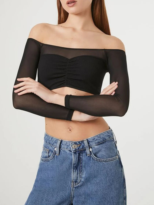 Women's Sheer Mesh Crop Off-Shoulder Long Sleeve Top