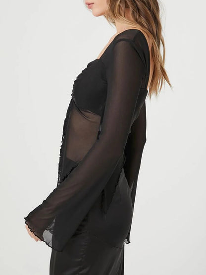 Women's Long Sleeve Backless Drawstring Slit Sheer T-shirt