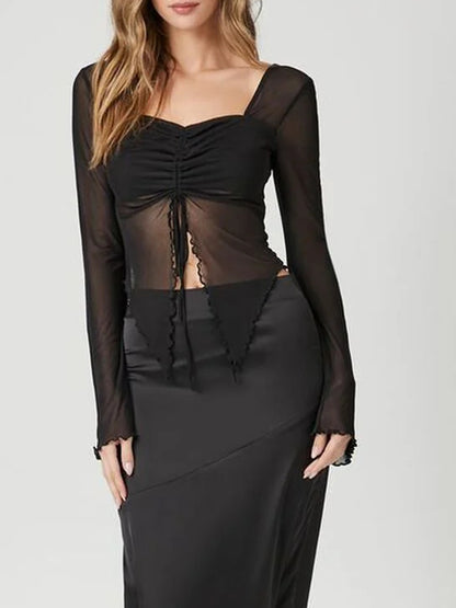 Women's Long Sleeve Backless Drawstring Slit Sheer T-shirt