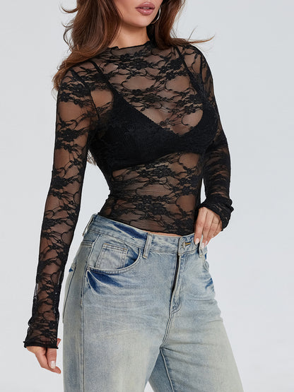 Women's Mock Neck Lace Fashion Long Sleeve Slim Fit T-Shirt