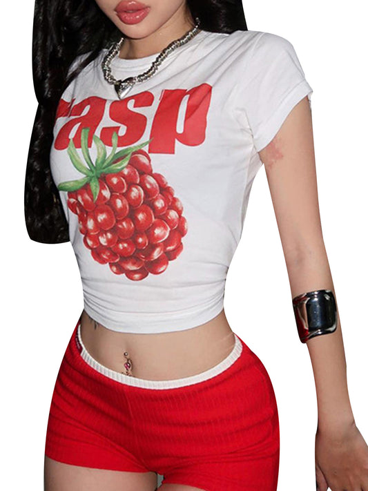 Women Crop Basic T-Shirts Summer Fruit Print Short Sleeve Tops