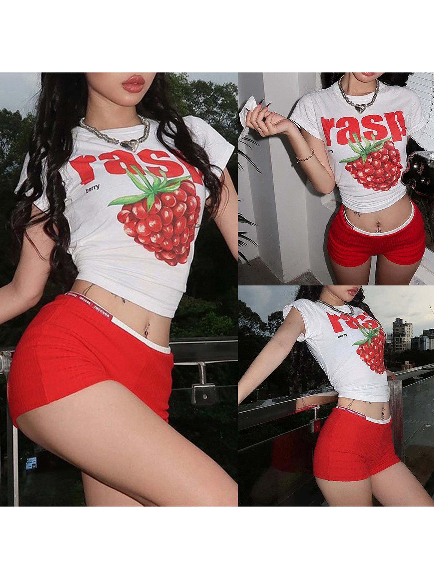 Women Crop Basic T-Shirts Summer Fruit Print Short Sleeve Tops