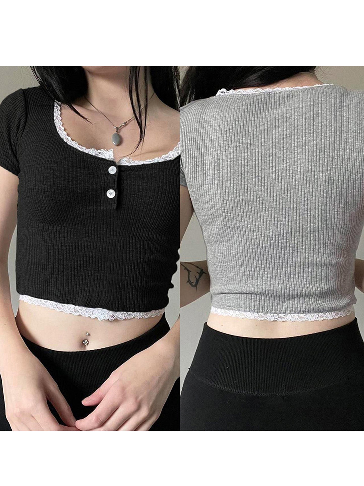 Women's Lace Trim Crop Tops Short Sleeve Button Front T-Shirts